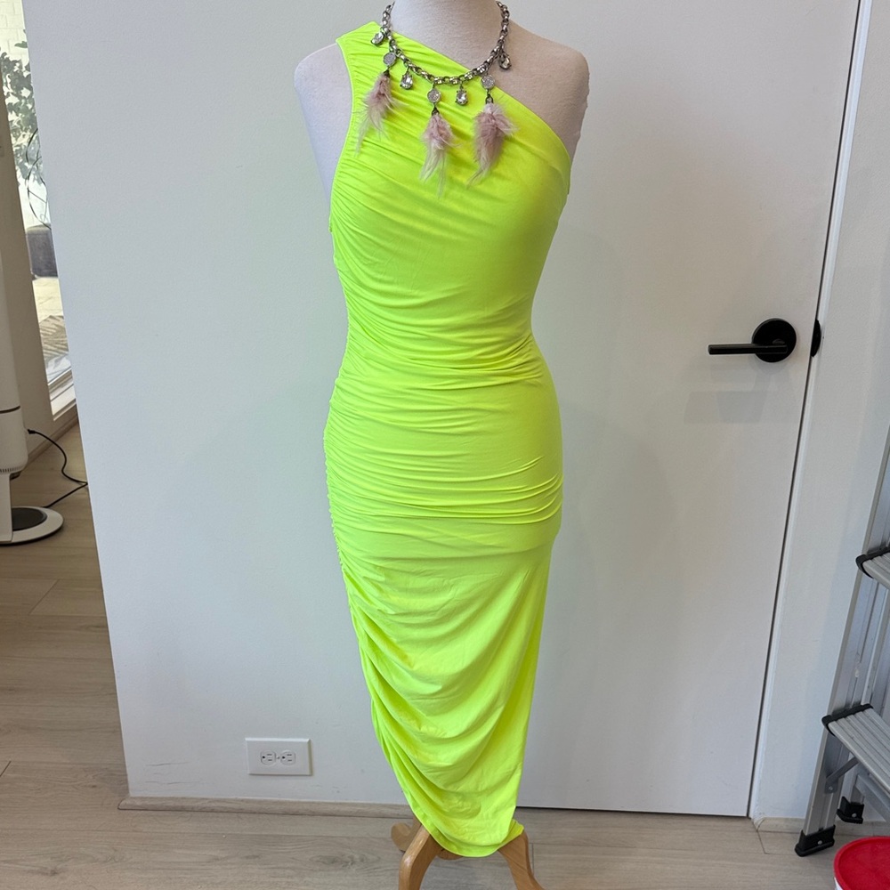 Vibrant Lime One-Shoulder Ruched Dress